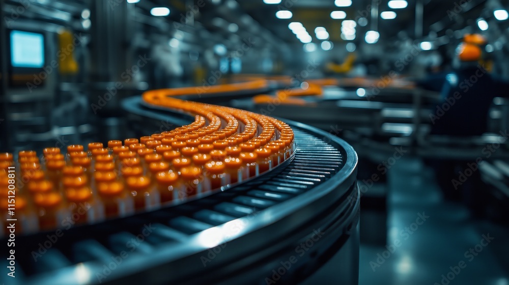 Poster inside a state-of-the-art vaccine production facility, bright orange vials glide smoothly along a co