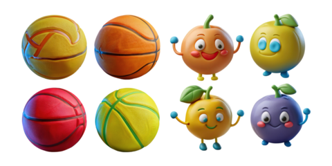 Colorful Cartoon Balls and Fruit Characters, PNG collection, set bundle, isolate on transparent or white background