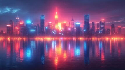 Fototapeta premium Neon cityscape reflected in water at night.