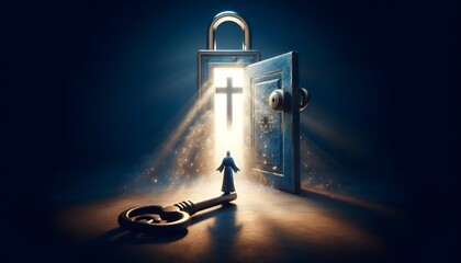 A key and door lock glow with light, symbolizing Jesus as the door and faith as the key.