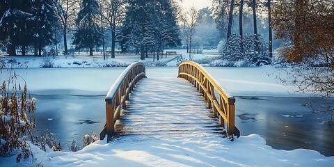 Snow-Covered Bridge Over a River: A charming wooden bridge covered in snow, spanning a gently flowing river, with snow-covered trees lining the banks.
