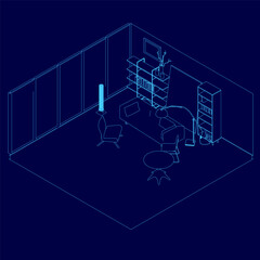 Living room interior contour. Comfortable sofa, bookcase, chair and house plants. Vector flat illustration. Isometric view