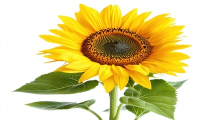 Obraz premium A vibrant sunflower with green leaves against a white background.