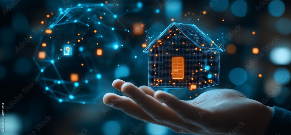 Poster a digital representation of a house with network connections in a hand.