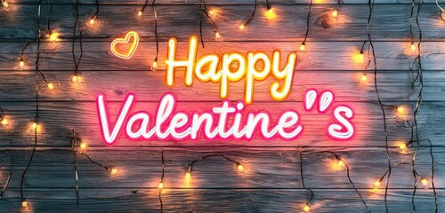 Neon Happy Valentines text shines on a wooden backdrop adorned with lights.