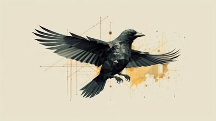 Fototapeta premium Geometric black bird in flight, abstract background.