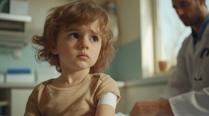 A concerned child in a medical setting with a doctor nearby.