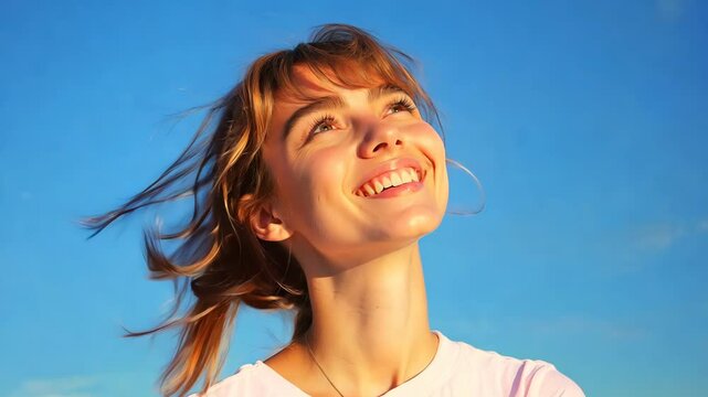 A joyful woman with windblown hair and a radiant smile looks upward against a vibrant blue sky on a sunny day.