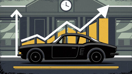 A car silhouette with a rising graph representing increasing car prices in the automotive industry. 