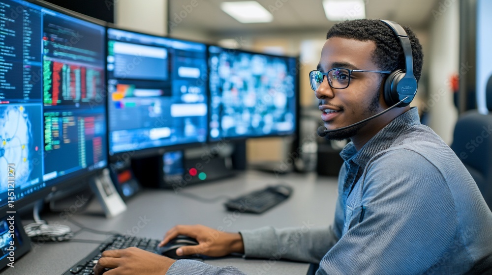 Poster a focused professional working at a multi-screen workstation with a headset.
