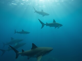Spectacular underwater views feature sharks swimming gracefully among colorful coral reefs.