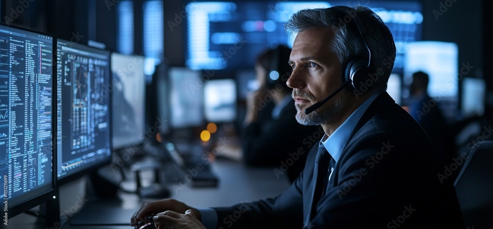 Poster a focused professional in a headset monitors data on multiple screens.