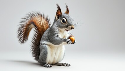 A solitary, vibrantly colored eastern gray squirrel with a plump, rounded body and bushy tail, holding a single, perfectly ripe, golden-brown acorn in its tiny paws, standing upright on its hind legs,