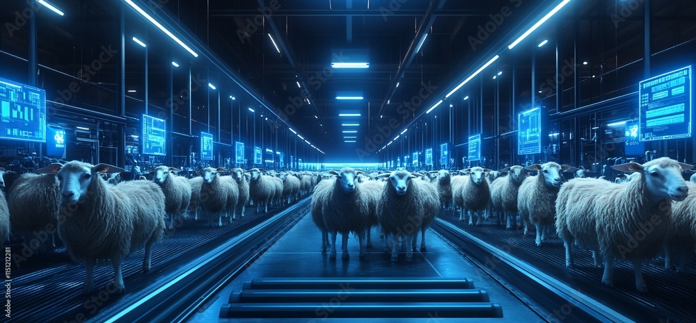 Aufkleber a futuristic setting with sheep in a high-tech environment.