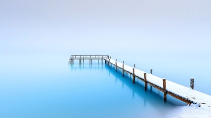 Tranquil pier extending into calm, blue waters under a soft, overcast sky.