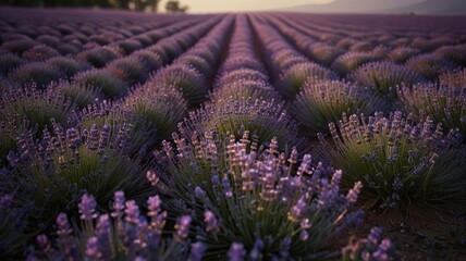 Obraz premium Rows of Lavender Blooming in a Field at Sunset