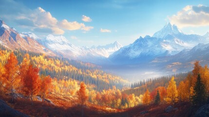 Breathtaking autumn panorama of snow-capped mountains and vibrant foliage.