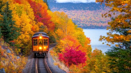 Obraz premium A scenic train travels through vibrant autumn foliage by a tranquil lake.
