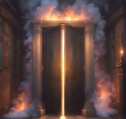 Illustration of mystery door with dramatic smoke.