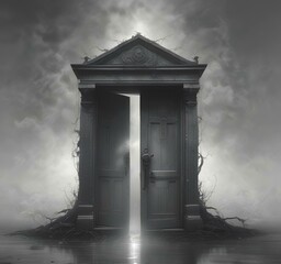 Illustration of mystery door with dramatic smoke.