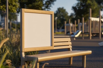 Empty Wooden Park Bench with Blank Sign