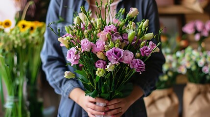 A Woman Holding a Lovely Bouquet of Purple and Pink Lisianthus Flowers