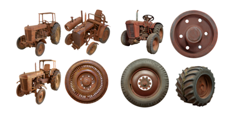 Vintage Red Tractors and Wheels Collection, PNG collection, set bundle, isolate on transparent or white background