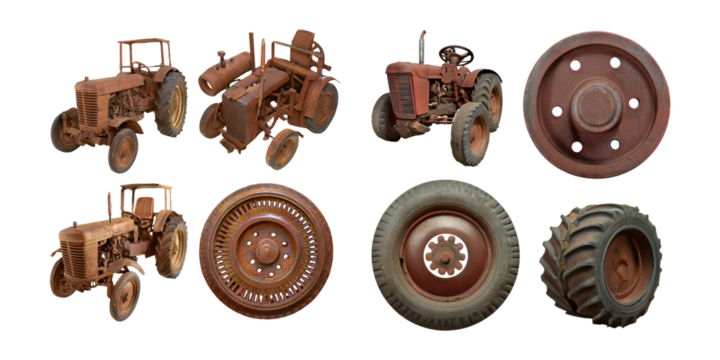 Vintage Red Tractors and Wheels Collection, PNG collection, set bundle, isolate on transparent or white background