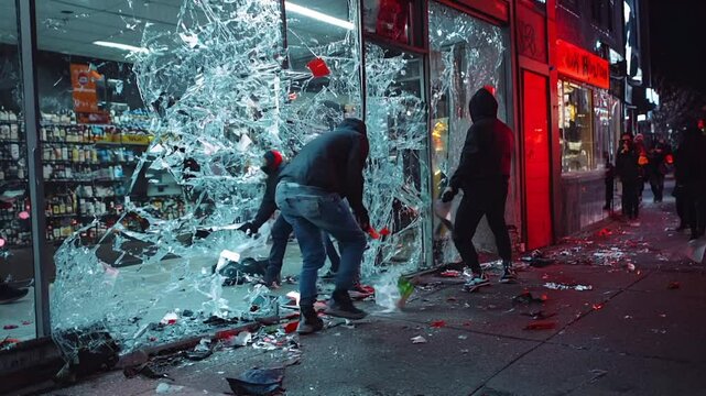 People rioting breaking into stores