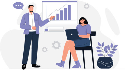 A professional 2D vector illustration depicting a business growth meeting in a modern office environment.