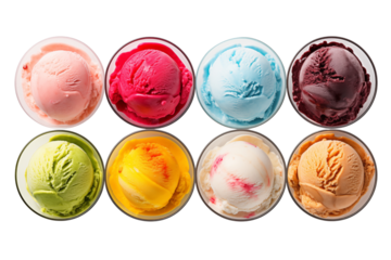 Vibrant collection of ice cream scoops in various flavors, with delightful array of colors and textures, joy and indulgence menu deign uses, PNG cutout transparent background.