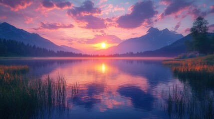 Fototapeta premium Sunset over serene mountain lake reflecting sky.