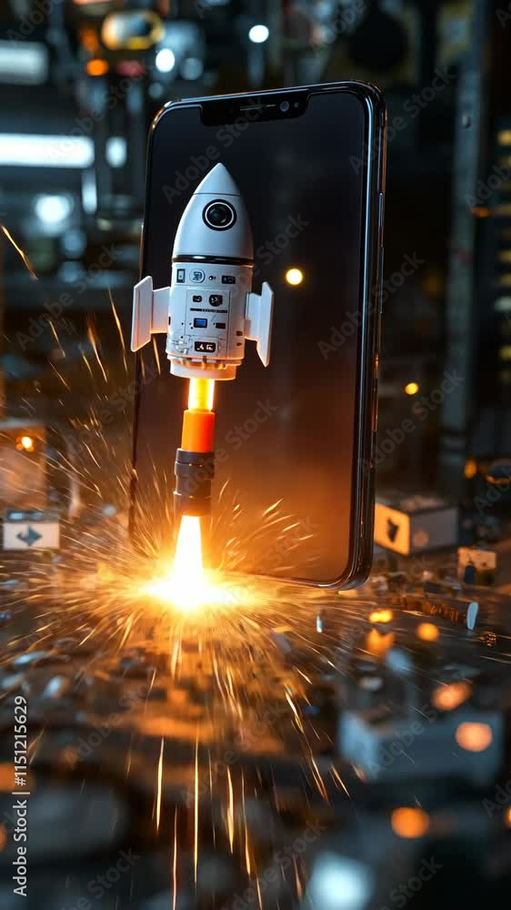 Poster rocket launch simulation near smartphone set in a futuristic tech environment with sparks and glowin