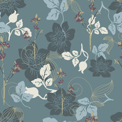 A vibrant floral pattern featuring an array of colorful leaves and flowers intertwined elegantly.