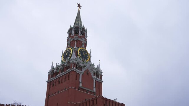 Low-angle view, zoom in, of the Spasskaya Tower, a famous landmark in the Red Square in Moscow, Russia