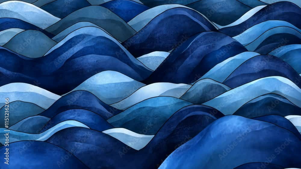 Poster waves in varying shades of blue create a dynamic and calming ocean landscape with smooth curves and 