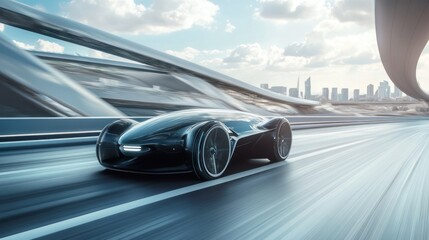 Obraz premium Futuristic car racing on a sleek highway with a city backdrop.