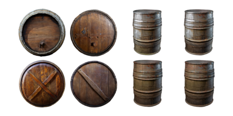 Wooden Barrels and Lids for Vintage Decor, PNG collection, set bundle, isolate on transparent or white background