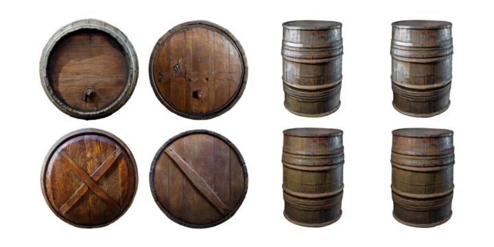 Wooden Barrels and Lids for Vintage Decor, PNG collection, set bundle, isolate on transparent or white background - Powered by Adobe