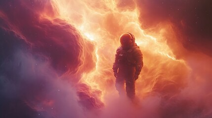 An astronaut enveloped by a celestial nebula, light from radiant gases creating an otherworldly glow, cinematic lighting with soft gradients of color, hd quality,