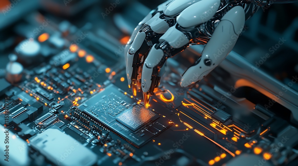 Poster close-up of a robotic hand carefully interacting with a circuit board for showcasing technological p