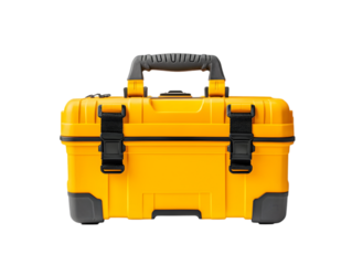 "Durable Yellow Toolbox with Black Latches Isolated on White Background"

