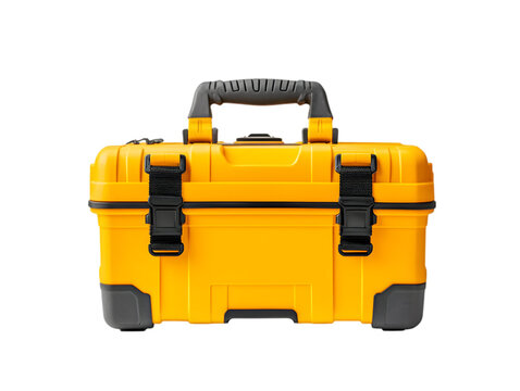 "Durable Yellow Toolbox with Black Latches Isolated on White Background"

