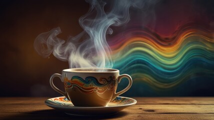 Steaming Coffee Cup on Wooden Table with Rainbow Background