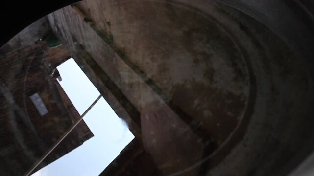 a used bucket full of moss filled with clear water