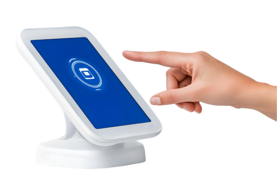 "Touchscreen Device with Blue Interface and Hand Gesture Isolated on White Background"

