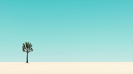 Solitary palm tree on a sandy plain under a clear blue sky.