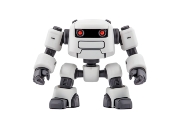 Cartoon style humanoid robot toy in white and gray colors with digital face screen isolated on white background symbolizing future tech and automation