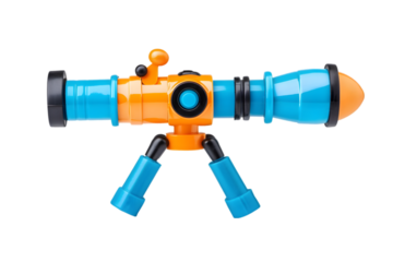 Blue and orange toy telescope with tripod legs isolated on white background representing children’s science toy, space exploration and educational tools