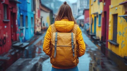 Obraz premium Woman backpack yellow jacket colorful street walking.